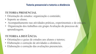 Tutoria presencial e tutoria a distância
TUTORIA PRESENCIAL
• Orientação de estudos: organização e conteúdo;
• Suporte ao aluno;
• Acompanhamento nas atividades práticas, experimentais e de estágio;
• Organização dos trabalhos em grupo Avaliação do processo de
aprendizagem.
TUTORIAA DISTÂNCIA
• Orientações e guias de estudos aos alunos e tutores;
• Elaboração e correção de atividades a distância;
• Elaboração e correção das avaliações presenciais.
 