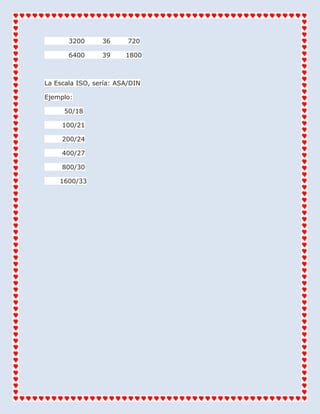 3200 36 720
6400 39 1800
La Escala ISO, sería: ASA/DIN
Ejemplo:
50/18
100/21
200/24
400/27
800/30
1600/33
 