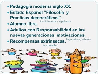 Pedagogía moderna siglo XX.
 Estado Español “Filosofía y
  Practicas democráticas”.
                Rev. Relevancias y significativas
 Alumno libre.
 Adultos con Responsabilidad en las
  nuevas generaciones, motivaciones.
                                           Exigir cultura y esfuerzo.
 Recompensas extrínsecas.
                             Se acostumbra
 