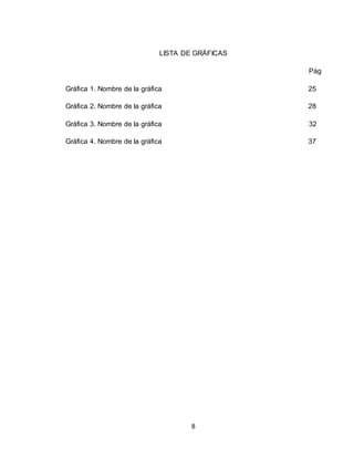 8
LISTA DE GRÁFICAS
Pág
Gráfica 1. Nombre de la gráfica 25
Gráfica 2. Nombre de la gráfica 28
Gráfica 3. Nombre de la gráfica 32
Gráfica 4. Nombre de la gráfica 37
 