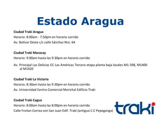 Estado Aragua
Ciudad Traki Aragua
Horario: 8:00am - 7:50pm en horario corrido
Av. Bolívar Oeste c/c calle Sánchez Nro. 64

Ciudad Traki Maracay
Horario: 9:00am hasta las 9:30pm en horario corrido
Av. Principal Las Delicias CC Las Américas Tercera etapa planta baja locales M1-398, M1400
    al M1420

Ciudad Traki La Victoria
Horario: 8:30am hasta las 9:30pm en horario corrido
Av. Universidad Centro Comercial Morichal Edificio Traki

Ciudad Traki Cagua
Horario: 8:00am hasta las 8:00pm en horario corrido
Calle Froilan Correa con San Juan Edif. Traki (antiguo C.C Pepeganga)
 