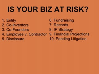 IS YOUR BIZ AT RISK?
1. Entity
2. Co-Inventors
3. Co-Founders
4. Employee v. Contractor
5. Disclosure
6. Fundraising
7. Re...