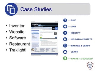 Case Studies
IP Awareness Assessm ent

•
•
•
•
•

Inventor
Website
Software
Restaurant
Traklight!

2/ 26/ 13 11:42 AM

IP category

Trademarks

IP Strategies & Best Practices

`

Q5. Do you control and manage the proper use of your trademark by other users
you have authorized?

Trademarks
Copyrights

1. Yes.
2. No.

Design Patents

3. Not sure.

Trade Secrets
Utility Patents
Using Technology of Others
Next

Licensing Technology to Others
International IP Rights
IP Asset Tracking
Before starting the assessment, please note:
Save the link for this page as a favorite/bookmark on your browser.
In the “Internet Options” of your browser, deselect/uncheck history on exit. This will allow you
to return and resume your assessment session in case you cannot finish it in one sitting. This will

Important Notice

also allow you to access your training materials and assessment results at your convenience.

Please note that any information provided
here does not constitute legal advice, but is
intended to increase your IP awareness.
When filing an application for obtaining
specific IP rights, it is recommended that you
obtain professional legal assistance. The IP
Awareness Assessment contains links to
external websites. USPTO does not maintain
those external sites and is not responsible for
the material found therein.

As you are answering the assessment questions, choose the answer that best applies to your
business or circumstances as an independent invento r or individual. Where applicable, cho ose all
the responses that apply to your situation.
Responses or data collected in the assessment are not stored or used by the USPTO or NIST MEP.

Accessibility

Federal Activities Inventory

Department of Commerce

Strategy Targeting Organized

Privacy Policy

Reform (FAIR) Act

NoFEAR Act Report

Piracy (STOP!)

Terms of Use

Notification and Federal

Regulations.gov

Careers

Security

Employee Antidiscrimination

STOP!Fakes.gov

Site Index

and Retaliation (NoFEAR) Act

Department of Commerce

Contact Us

Budget & Performance

USA.gov

Emergencies/Security Alerts
Information Quality Guidelines

USPTO Webmaster

Freedom of Information Act
This page is owned by Inventor Resources.

http:/ / www.uspto.gov/ inventors/ assessm ent/ assessm ent.htm l

Last Modified: February 26, 2013

Page 1 of 2

 
