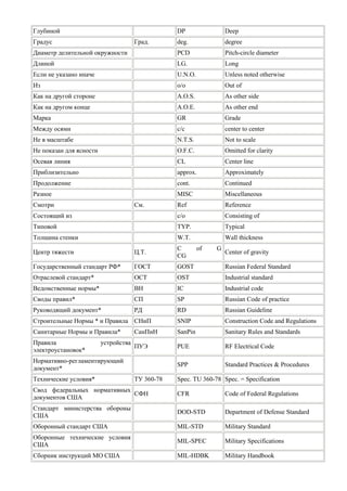 Глубиной 
DP 
Deep 
Градус 
Град. 
deg. 
degree 
Диаметр делительной окружности 
PCD 
Pitch-circle diameter 
Длиной 
LG. 
Long 
Если не указано иначе 
U.N.O. 
Unless noted otherwise 
Из 
o/o 
Out of 
Как на другой стороне 
A.O.S. 
As other side 
Как на другом конце 
A.O.E. 
As other end 
Марка 
GR 
Grade 
Между осями 
c/c 
center to center 
Не в масштабе 
N.T.S. 
Not to scale 
Не показан для ясности 
O.F.C. 
Omitted for clarity 
Осевая линия 
CL 
Center line 
Приблизительно 
approx. 
Approximately 
Продолжение 
cont. 
Continued 
Разное 
MISC 
Miscellaneous 
Смотри 
См. 
Ref 
Reference 
Состоящий из 
c/o 
Consisting of 
Типовой 
TYP. 
Typical 
Толщина стенки 
W.T. 
Wall thickness 
Центр тяжести 
Ц.Т. 
C of G CG 
Center of gravity 
Государственный стандарт РФ* 
ГОСТ 
GOST 
Russian Federal Standard 
Отраслевой стандарт* 
ОСТ 
OST 
Industrial standard 
Ведомственные нормы* 
ВН 
IС 
Industrial code 
Своды правил* 
СП 
SP 
Russian Code of practice 
Руководящий документ* 
РД 
RD 
Russian Guideline 
Строительные Нормы * и Правила 
СНиП 
SNIP 
Construction Code and Regulations 
Санитарные Нормы и Правила* 
СанПиН 
SanPin 
Sanitary Rules and Standards 
Правила устройства электроустановок* 
ПУЭ 
PUE 
RF Electrical Code 
Нормативно-регламентирующий документ* 
SPP 
Standard Practices & Procedures 
Технические условия* 
ТУ 360-78 
Spec. TU 360-78 
Spec. = Specification 
Свод федеральных нормативных документов США 
СФН 
CFR 
Code of Federal Regulations 
Стандарт министерства обороны США 
DOD-STD 
Department of Defense Standard 
Оборонный стандарт США 
MIL-STD 
Military Standard 
Оборонные технические условия США 
MIL-SPEC 
Military Specifications 
Сборник инструкций МО США 
MIL-HDBK 
Military Handbook  