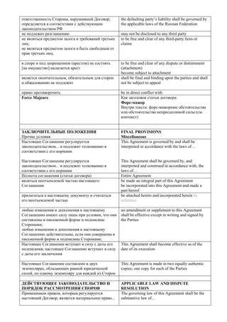 ответственность Стороны, нарушившей Договор, определяется в соответствии с действующим законодательством РФ 
the defaulting party’s liability shall be governed by the applicable laws of the Russian Federation 
не подлежит разглашению 
may not be disclosed to any third party 
не являться предметом залога и требований третьих лиц; 
не являться предметом залога и быть свободным от прав третьих лиц; 
to be free and clear of any third-party liens or claims 
в споре и под запрещением (арестом) не состоять 
[на имущество] налагается арест 
to be free and clear of any dispute or distrainment (attachment) 
become subject to attachment 
является окончательным, обязательным для сторон и обжалованию не подлежит 
shall be final and binding upon the parties and shall not be subject to appeal 
прямо противоречить 
be in direct conflict with 
Force Majeure 
Как заголовок статьи договора: 
Форс-мажор 
Внутри текста: форс-мажорные обстоятельства или обстоятельства непреодолимой силы (см. контекст) 
ЗАКЛЮЧИТЕЛЬНЫЕ ПОЛОЖЕНИЯ 
Прочие условия 
FINAL PROVISIONS 
Miscellaneous 
Настоящее Соглашение регулируется законодательством... и подлежит толкованию в соответствии с его нормами 
Настоящее Соглашение регулируется законодательством... и подлежит толкованию в соответствии с его нормами 
This Agreement is governed by and shall be interpreted in accordance with the laws of… 
This Agreement shall be governed by, and interpreted and construed in accordance with, the laws of… 
Полнота соглашения (cтатья договора) 
Entire Agreement 
являться неотъемлемой частью настоящего Соглашения 
be made an integral part of this Agreement 
be incorporated into this Agreement and made a part hereof 
прилагаться к настоящему документу и считаться его неотъемлемой частью 
be attached hereto and incorporated herein by reference 
любые изменения и дополнения к настоящему Соглашению имеют силу лишь при условии, что они составлены в письменной форме и подписаны Сторонами; 
любые изменения и дополнения к настоящему Соглашению действительны, если они совершены в письменной форме и подписаны Сторонами; 
no amendment or supplement to this Agreement shall be effective except in writing and signed by the Parties 
Настоящее Соглашение вступает в силу с даты его подписания; настоящее Соглашение вступает в силу с даты его заключения 
This Agreement shall become effective as of the date of its execution 
Настоящее Соглашение составлено в двух экземплярах, обладающих равной юридической силой, по одному экземпляру для каждой из Сторон 
This Agreement is made in two equally authentic copies; one copy for each of the Parties 
ДЕЙСТВУЮЩЕЕ ЗАКОНОДАТЕЛЬСТВО И ПОРЯДОК РАССМОТРЕНИЯ СПОРОВ 
APPLICABLE LAW AND DISPUTE RESOLUTION 
Применимым правом, которым регулируется настоящий Договор, является материальное право... 
The governing law of this Agreement shall be the substantive law of... 
 