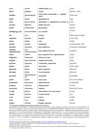 extra 
экстра 
добавочный, т.п. 
super 
fabric 
фабрика 
ткань 
factory, works 
familiar 
фамильярный 
известный, знакомый; гл.- хорошо знать 
hod-a-nob 
finick 
финик 
придираться 
date 
focus 
фокус (трюк) 
внимание: гл. направлять усилия, тп 
trick 
fraction 
фракция 
дробь (матем.) 
faction 
genial 
гениальный 
радушный 
genius 
Intelligence (-nt) 
интеллигенция 
ум; умный 
Clerisy 
list 
лист 
список 
sheet, piece of paper 
magazine 
магазин 
журнал 
store, shop 
mayor 
майор 
мэр 
major 
motion 
моцион 
движение 
constitutional, walk 
motorist 
моторист 
автолюбитель 
machinist, manipulator 
national administration 
нац. администрация 
нац. правительство 
authority 
object 
объект 
цель, предмет4(см. примечание) 
entity 
obligation 
облигация 
обязательство 
bond 
original 
оригинальный 
первоначальный 
flake 
partisan 
партизан 
сторонник, защитник 
guerrilla 
pathos 
пафос 
энтузиазм 
thrust, glare 
physician 
физик 
врач-терапевт 
physicist 
physique 
физик 
телосложение 
physicist 
principal 
принципиальный 
основной 
principled 
probe 
проба 
зонд; щуп 
test, trial, attempt 
production 
продукция 
производство 
end-product 
prospect 
проспект 
перспектива 
avenue 
protection 
протекция 
защита 
push, pull, favour 
receipt 
рецепт 
квитанция, чек, получение 
recipe 
replica 
реплика 
точная копия 
cue 
resin 
резина 
смола 
rubber 
stool 
стул 
табурет 
tuffet 
subject 
субъект 
вопрос, предмет 
person 
* В отношении терминов, выделенных курсивом и не только их: 
Напоминаем, что при работе с «ложными друзьями переводчика» нужно обращать внимание на контекст использования того или иного термина. В данном разделе даны наиболее часто употребляемые варианты переводов, но не исключается то, что именно вам попадётся именно самый редкий случай. Например, не всё так однозначно с терминами Advocate, attorney, адвокат, сторонник и т.п. их значение зависит от юрисдикции. В некоторых странах advocate - это, таки, "адвокат", в Индии, например; в Шотландии advocate тоже представитель юридической профессии, хотя и несколько отличающийся от нашего адвоката. Также, не всякий attorney при переводе на русский язык будет "адвокатом". В российском правовом поле представлять интересы клиента (т.е. быть его attorney) по юридическим вопросам может как адвокат (т.е. лицо, имеющее соответствующий статус, 
4 Оbject не используется в англ. языке в значении «объект» http://www.ldoceonline.com/search/?q=object+ 
Основное значение - осязаемый «предмет» или материальный объект(НЛО), или цель. объект как property object возможно в программировании с другим смыслом 
Про объекты собственности (включая интеллектуальные) вполне достаточно просто (intellectual) property; также подойдёт property item(s) (+ возможны asset в разных контекстах 
 