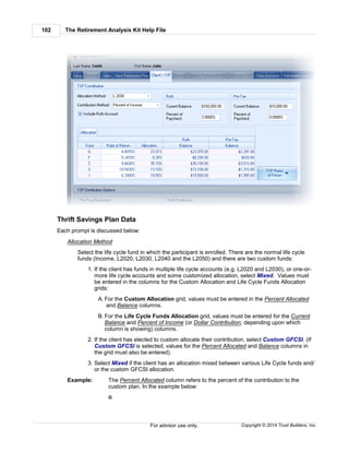 The Retirement Analysis Kit Help File102
Copyright © 2014 Trust Builders, Inc.For advisor use only.
Thrift Savings Plan Data
Each prompt is discussed below:
Allocation Method
Select the life cycle fund in which the participant is enrolled. There are the normal life cycle
funds (Income, L2020, L2030, L2040 and the L2050) and there are two custom funds:
1. If the client has funds in multiple life cycle accounts (e.g. L2020 and L2030), or one-or-
more life cycle accounts and some customized allocation, select Mixed. Values must
be entered in the columns for the Custom Allocation and Life Cycle Funds Allocation
grids:
A. For the Custom Allocation grid, values must be entered in the Percent Allocated
and Balance columns.
B. For the Life Cycle Funds Allocation grid, values must be entered for the Current
Balance and Percent of Income (or Dollar Contribution, depending upon which
column is showing) columns.
2. If the client has elected to custom allocate their contribution, select Custom GFCSI. (If
Custom GFCSI is selected, values for the Percent Allocated and Balance columns in
the grid must also be entered).
3. Select Mixed if the client has an allocation mixed between various Life Cycle funds and/
or the custom GFCSI allocation.
Example: The Percent Allocated column refers to the percent of the contribution to the
custom plan. In the example below:
G
 