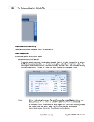 The Retirement Analysis Kit Help File138
Copyright © 2014 Trust Builders, Inc.For advisor use only.
DB Grid Column Visibility
Select which columns are visible in the DB Options grid.
DB Grid Options
Each of the options is discussed below.
Allow Customization of Values
This option allows overriding the calculated values in the grid. If this is checked, for all options
the Month Values can be edited and for alternative options (other than the primary option) the
following columns can be modified: Percent of Primary, and the Client's and Spouse's Monthly
Income and Percent of Primary. If a value has been modified, it is displayed in bold:
Notes Either the Monthly Income or Percent Primary/Percent of Option column can
be customized. If one column is edited, the other column will be calculated.
If values have been customized, un-checking this box will disable the ability to edit
the values in the grid but not reset the customized values. To reset the
customized values, click on the Reset Customization button.
 