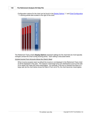 The Retirement Analysis Kit Help File142
Copyright © 2014 Trust Builders, Inc.For advisor use only.
Configuration options for the chart can be found in the Display Options and Chart Configuration
docking panels tabs located to the right of the chart.
The Retirement Years chart's Display Options represent settings for the chart that are more typically
changed (verses the Chart Config docking panel). Each setting is discussed below.
Include Income From Accounts Above the Client's Need
When income exceeds need, by default the income is not displayed in the Retirement Years chart
(it will be displayed in the grid). The reasons is that large lump sum distributions (such as the sale
of an asset) can make this chart meaningless. For example, if the box is checked and there is a
large sale (as the chart below shows the Sale of Farm at at 70), the chart becomes meaningless.
142
143
 