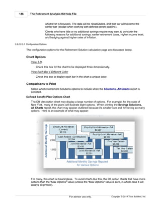 The Retirement Analysis Kit Help File146
Copyright © 2014 Trust Builders, Inc.For advisor use only.
whichever is focused). The data will be recalculated, and that bar will become the
center bar (except when working with defined benefit options).
Clients who have little or no additional savings require may want to consider the
following reasons for additional savings: earlier retirement dates, higher income level,
and hedging against higher rates of inflation.
3.8.2.2.3.1 Configuration Options
The configuration options for the Retirement Solution calculation page are discussed below.
Chart Options
View 3-D
Check this box for the chart to be displayed three dimensionally.
View Each Bar a Different Color
Check this box to display each bar in the chart a unique color.
Comparisons to Print
Select which Retirement Solutions options to include when the Solutions, All Charts report is
selected.
Defined Benefit Plan Options Chart
The DB plan option chart may display a large number of options. For example, for the state of
New York, many of the plans will illustrate eight options. When printing the Savings Solutions,
All Charts report, the chart may appear cluttered because it's smaller size and for having so many
options. Here is an example of what may appear:
For many, this chart is meaningless. To avoid charts like this, the DB option charts that have more
options than the "Max Options" value (unless the "Max Options" value is zero, in which case it will
always be printed).
 