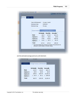 TRAK Programs 151
Copyright © 2014 Trust Builders, Inc. For advisor use only.
and the estimated average premiums until retirement.
 