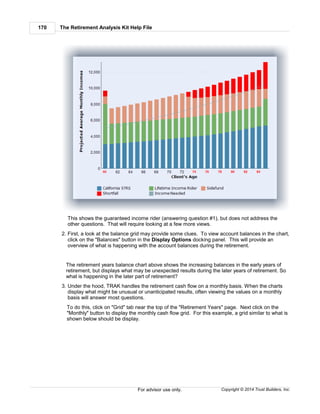 The Retirement Analysis Kit Help File170
Copyright © 2014 Trust Builders, Inc.For advisor use only.
This shows the guaranteed income rider (answering question #1), but does not address the
other questions. That will require looking at a few more views.
2. First, a look at the balance grid may provide some clues. To view account balances in the chart,
click on the "Balances" button in the Display Options docking panel. This will provide an
overview of what is happening with the account balances during the retirement.
The retirement years balance chart above shows the increasing balances in the early years of
retirement, but displays what may be unexpected results during the later years of retirement. So
what is happening in the later part of retirement?
3. Under the hood, TRAK handles the retirement cash flow on a monthly basis. When the charts
display what might be unusual or unanticipated results, often viewing the values on a monthly
basis will answer most questions.
To do this, click on "Grid" tab near the top of the "Retirement Years" page. Next click on the
"Monthly" button to display the monthly cash flow grid. For this example, a grid similar to what is
shown below should be display.
 
