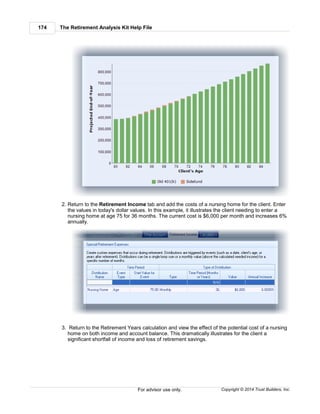The Retirement Analysis Kit Help File174
Copyright © 2014 Trust Builders, Inc.For advisor use only.
2. Return to the Retirement Income tab and add the costs of a nursing home for the client. Enter
the values in today's dollar values. In this example, it illustrates the client needing to enter a
nursing home at age 75 for 36 months. The current cost is $6,000 per month and increases 6%
annually.
3. Return to the Retirement Years calculation and view the effect of the potential cost of a nursing
home on both income and account balance. This dramatically illustrates for the client a
significant shortfall of income and loss of retirement savings.
 