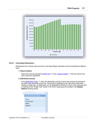 TRAK Programs 177
Copyright © 2014 Trust Builders, Inc. For advisor use only.
3.8.5.5 Controlling Distributions
Distributions from various cash accounts in the Gap Analysis calculator can be controlled two different
ways:
1. Payout method
Each cash account (except the Side Fund ) has a payout method that can control how
each account is distributed.
2. Distribution priority
In the Retirement Years chart, the distribution priority of each cash account (compared to
the other cash accounts) can be set. The priority is displayed to the right of the chart when
viewing a single year. (A single year can be displayed by clicking on a bar in the multi-year grid
or clicking on the "Single Year" button in the Chart Type group box located in the Display
Options docking panel).
166 163
313
 