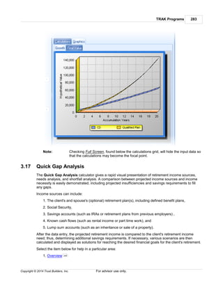 TRAK Programs 283
Copyright © 2014 Trust Builders, Inc. For advisor use only.
Note: Checking Full Screen, found below the calculations grid, will hide the input data so
that the calculations may become the focal point.
3.17 Quick Gap Analysis
The Quick Gap Analysis calculator gives a rapid visual presentation of retirement income sources,
needs analysis, and shortfall analysis. A comparison between projected income sources and income
necessity is easily demonstrated, including projected insufficiencies and savings requirements to fill
any gaps.
Income sources can include:
1. The client's and spouse's (optional) retirement plan(s), including defined benefit plans,
2. Social Security,
3. Savings accounts (such as IRAs or retirement plans from previous employers) ,
4. Known cash flows (such as rental income or part time work), and
5. Lump sum accounts (such as an inheritance or sale of a property).
After the data entry, the projected retirement income is compared to the client's retirement income
need; thus, determining additional savings requirements. If necessary, various scenarios are then
calculated and displayed as solutions for reaching the desired financial goals for the client's retirement.
Select the item below for help in a particular area:
1. Overview 284
 