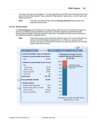 TRAK Programs 321
Copyright © 2014 Trust Builders, Inc. For advisor use only.
For many, this chart is meaningless. To avoid charts like this, the DB option charts that have more
options than the "Max Options" value (unless the "Max Options" value is zero, in which case it will
always be printed).
Note: This chart can still be printed using the Savings Solutions report (which only
prints the current chart).
3.17.4.4 General Values
The General Values screen displays the average values of all incomes over all retirement years as
well as any additional savings needed to account for a shortfall. It displays a stacked bar graph
showing the percentage of savings reached in retirement. This display provides a quick summary of
the retirement incomes in graphical format.
Note: These are average values during all retirement years. If an account that pays out
during retirement changes during retirement, or if there is a spouse and the
income is not paid out all retirement months, the value may vary from the monthly
payout made by the account.
 