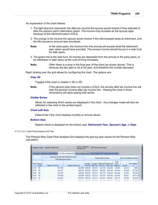 TRAK Programs 329
Copyright © 2014 Trust Builders, Inc. For advisor use only.
An explanation of the chart follows:
1. The light blue line represents the after-tax income the spouse would receive if they selected to
take the pension plan's alternative option. The income may increase as the spouse ages
because of the retirement plan's COLA.
2. The orange is the income the spouse would receive if the client passed away at retirement, and
the life insurance account was annuitized.
Note: In the early years, the income from the annuity will exceed what the retirement
plan option would have provided. The excess income should be put in a side fund
for later years.
3. The green line is the side fund. Its monies are deposited from the annuity in the early years, to
be withdrawn in later years as the cost of living increases.
Note: Often there is a drop in the final year of the chart (as shown above). This is
because the last year is not a full year, and therefore the monies decrease.
Right clicking over the grid allows for configuring the chart. The options are:
View 3D
Toggles if the chart is viewed in 3D or 2D.
Note: If the pension plan does not include a COLA, the annuity after tax income line will
hide the pension income after tax income line. Viewing the chart in three
dimensions will allow seeing both series.
Visible Series
Allows for selecting which series are displayed in the chart. Any changes made will also be
reflected in the chart in the printed report.
Chart Left Axis
Determines if the chart displays monthly or annual values.
Bottom Axis
Selects which is displayed for the bottom axis: Retirement Year, Spouse's Age, or Date.
3.17.4.7.2.3 Cash Flow Analysis-Grid Tab
The Pension Max Cash Flow Analysis-Grid displays the year-by-year values for the Pension Max
calculation.
 