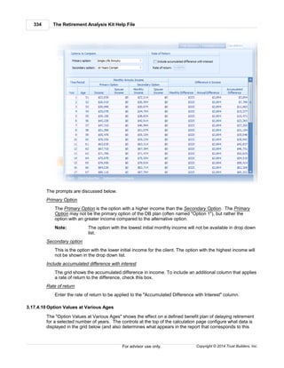 The Retirement Analysis Kit Help File334
Copyright © 2014 Trust Builders, Inc.For advisor use only.
The prompts are discussed below.
Primary Option
The Primary Option is the option with a higher income than the Secondary Option. The Primary
Option may not be the primary option of the DB plan (often named "Option 1"), but rather the
option with an greater income compared to the alternative option.
Note: The option with the lowest initial monthly income will not be available in drop down
list.
Secondary option
This is the option with the lower initial income for the client. The option with the highest income will
not be shown in the drop down list.
Include accumulated difference with interest
The grid shows the accumulated difference in income. To include an additional column that applies
a rate of return to the difference, check this box.
Rate of return
Enter the rate of return to be applied to the "Accumulated Difference with Interest" column.
3.17.4.10 Option Values at Various Ages
The "Option Values at Various Ages" shows the effect on a defined benefit plan of delaying retirement
for a selected number of years. The controls at the top of the calculation page configure what data is
displayed in the grid below (and also determines what appears in the report that corresponds to this
 