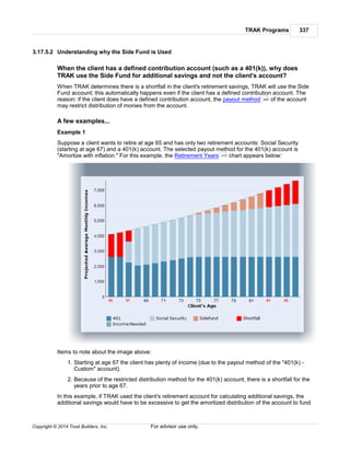 TRAK Programs 337
Copyright © 2014 Trust Builders, Inc. For advisor use only.
3.17.5.2 Understanding why the Side Fund is Used
When the client has a defined contribution account (such as a 401(k)), why does
TRAK use the Side Fund for additional savings and not the client's account?
When TRAK determines there is a shortfall in the client's retirement savings, TRAK will use the Side
Fund account; this automatically happens even if the client has a defined contribution account. The
reason: if the client does have a defined contribution account, the payout method of the account
may restrict distribution of monies from the account.
A few examples...
Example 1
Suppose a client wants to retire at age 65 and has only two retirement accounts: Social Security
(starting at age 67) and a 401(k) account. The selected payout method for the 401(k) account is
"Amortize with inflation." For this example, the Retirement Years chart appears below:
Items to note about the image above:
1. Starting at age 67 the client has plenty of income (due to the payout method of the "401(k) -
Custom" account).
2. Because of the restricted distribution method for the 401(k) account, there is a shortfall for the
years prior to age 67.
In this example, if TRAK used the client's retirement account for calculating additional savings, the
additional savings would have to be excessive to get the amortized distribution of the account to fund
306
313
 