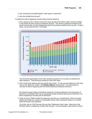 TRAK Programs 339
Copyright © 2014 Trust Builders, Inc. For advisor use only.
3. And, why does the shortfall happen in later years in retirement?
4. Why the shortfall the first year?
To determine what is happening, several areas could be looked at:
1. First, clicking on the "Include income from accounts above the client's need" could be checked
to see where all of the income is needed for the year. This shows a significant increase in the
known income rider, but also displays the side fund providing a sizable income as well. In step 3
below, we will examine this in more detail.
This shows the guaranteed income rider (answering question #1), but does not address the
other questions. That will require looking at a few more views.
2. First, a look at the balance grid may provide some clues. To view account balances in the chart,
click on the "Balances" button in the Display Options docking panel. This will provide an
overview of what is happening with the account balances during the retirement.
The retirement years balance chart above shows the increasing balances in the early years of
retirement, but displays what may be unexpected results during the later years of retirement. So
what is happening in the later part of retirement?
3. Under the hood, TRAK handles the retirement cash flow on a monthly basis. When the charts
display what might be unusual or unanticipated results, often viewing the values on a monthly
basis will answer most questions.
To do this, click on "Grid" tab near the top of the "Retirement Years" page. Next click on the
"Monthly" button to display the monthly cash flow grid. For this example, a grid similar to what is
 