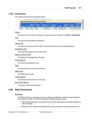 TRAK Programs 351
Copyright © 2014 Trust Builders, Inc. For advisor use only.
3.19.2 Calculations
The columns for the grid are explained below:
Owner
The owner of the account for that year. The account owner will either be Client or Beneficiary.
Year
The year for the hypothetical calculation.
Client's Age
The client's age at the end of the year. It will be blank after the client's life expectancy.
Beneficiary's Age
The beneficiary's age at the end of the year.
Balance at Start of Year
The balance at the beginning of the year.
Annual Deposit
The total annual deposits, if any.
RMD
The required annual minimum distribution.
RMD Factor
The RMD factor for year.
Interest Earned
The interest earned at the end of the year.
End of Year Balance
The balance at the end of the year.
3.20 Roth Conversion
Overview
The Roth Conversion calculator provides an efficient and effective method for illustrating Roth
conversions for a client. The Roth Conversion calculator features include:
The illustration provides for easy data entry, and the calculations are instantly updated as
data is changed.
Easily solve for multiple tax brackets when a Roth conversion may increase the client's
 