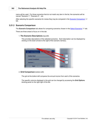 The Retirement Analysis Kit Help File362
Copyright © 2014 Trust Builders, Inc.For advisor use only.
name will be used. For those scenarios that do not match any item in the list, the scenarios will be
named "Scenario 1", "Scenario 2"... etc.
After selecting the specific scenarios for review they may be compared in the Scenario Comparison
tab.
3.21.3 Scenario Comparison
The Scenario Comparison tab allows for comparing scenarios chosen in the Select Scenarios tab.
There are three areas to focus on in this tab:
1. The Scenario Descriptions (top-left)
This provides descriptions of the selected scenarios. Each description can be displayed by
clicking on the down arrows to the right of the scenario name(s).
2. Grid Comparison (bottom-left)
The grid at the bottom-left compares the annual income from each of the scenarios.
The specific columns displayed in the grid can be changed by accessing the Grid Options
docking panel on the right right of the tab.
362
359
 