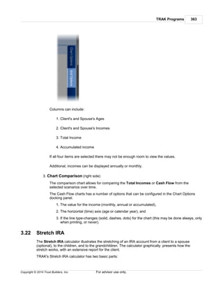 TRAK Programs 363
Copyright © 2014 Trust Builders, Inc. For advisor use only.
Columns can include:
1. Client's and Spouse's Ages
2. Client's and Spouse's Incomes
3. Total Income
4. Accumulated income
If all four items are selected there may not be enough room to view the values.
Additional, incomes can be displayed annually or monthly.
3. Chart Comparison (right side)
The comparison chart allows for comparing the Total Incomes or Cash Flow from the
selected scenarios over time.
The Cash Flow charts has a number of options that can be configured in the Chart Options
docking panel.
1. The value for the income (monthly, annual or accumulated),
2. The horizontal (time) axis (age or calendar year), and
3. If the line type-changes (solid, dashes, dots) for the chart (this may be done always, only
when printing, or never).
3.22 Stretch IRA
The Stretch IRA calculator illustrates the stretching of an IRA account from a client to a spouse
(optional), to the children, and to the grandchildren. The calculator graphically presents how the
stretch works, with an extensive report for the client.
TRAK's Stretch IRA calculator has two basic parts:
 