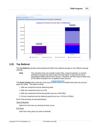 TRAK Programs 373
Copyright © 2014 Trust Builders, Inc. For advisor use only.
3.23 Tax Deferral
The Tax Deferral calculator demonstrates the effect of tax deferral savings on four different savings
methods.
Note: This calculator does not consider product fees, product expenses, or product
withdrawal charges that might impact the final results. It assumes the same
hypothetical interest rate for each account. Therefore, the final result is based only
on the effect of taxation as it is applied to each account.
The Quick Config button at the top of the input ( ) determines which tax account
types are visible. The options include:
1. After tax investment and tax deferred growth
2. After tax investment (such as a CD)
3. After tax investment and tax free growth (such as a Roth IRA)
4. Pre-tax investment and tax deferred growth (such as a 401(k) or 403(b))
Each of the prompts are discussed below:
Type of Deposits
Select from the menu by clicking the down arrow.
# of Years
Enter how many years you want to illustrate.
 