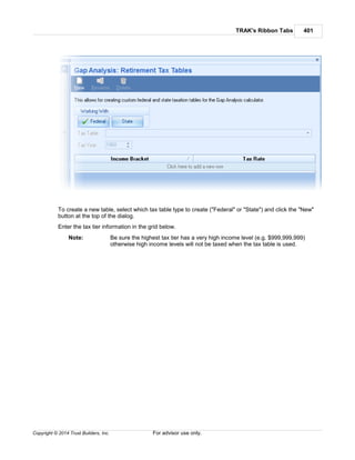 TRAK's Ribbon Tabs 401
Copyright © 2014 Trust Builders, Inc. For advisor use only.
To create a new table, select which tax table type to create ("Federal" or "State") and click the "New"
button at the top of the dialog.
Enter the tax tier information in the grid below.
Note: Be sure the highest tax tier has a very high income level (e.g. $999,999,999)
otherwise high income levels will not be taxed when the tax table is used.
 