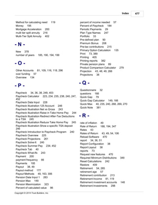 Index 477
Copyright © 2014 Trust Builders, Inc.
Method for calculating need 119
Money 195
Mortgage Acceleration 200
multi tier split annuity 216
Multi-Tier Split Annuity 402
- N -
New 378
number of years 185, 190, 194, 199
- O -
Other Accounts 81, 109, 116, 118, 296
over funding 57
Overview 134
- P -
Paycheck 34, 36, 38, 248, 403
Paycheck Calculator 223, 234, 235, 238, 240, 247,
452
Paycheck Data Input 228
Paycheck Illustration 125 Account 246
Paycheck Illustration Net vs Gross 243
Paycheck Illustration Raise in Take Home Pay 244
Paycheck Illustration Redirect After-Tax Deductions
to a TSA 245
Paycheck Illustration Reduce Take Home Pay 245
Paycheck Illustration Show a specific TSA deposit
246
Paycheck Introduction to Paycheck Program 240
Paycheck Overview 225
Paycheck Projections 261
Paycheck Solve-It 240
Paycheck Summer Pay 234, 452
Paycheck Tab 40
Paycheck What-Ifs 243
Payment 200
payment frequency 66
Payments 195
Payout 38, 49
Payout method 177
Payout Methods 49, 163, 306
Pension Data Input 1 283
Pension Max 149
Pension Maximization 323
Percent of calculated value 86
percent of income needed 57
Percent of Paycheck 184
Periodic Payments 29
Plan Type Names 247
Portfolio 33
Pre-defined plan 90
Premium Bonus 208
Pre-tax contributions 215
Primary Option Calculation 135
Print 73, 389
Printing 405
Printing reports 382
Private pension plans 89
Product Comparison Calculator 279
Projection 43, 48, 49, 266
Projections 38
- Q -
Questionnaire 32
questions 166
Quick Gap 79
Quick Gap Calculator 149, 166
Quick Max 40, 235, 240, 268, 269, 270
Quick Note 381
- R -
rate of inflation 49
Rate of Return 188, 194, 347
Rates 43
Rates of Return 43, 49, 54, 106
Reload Software 470
report 34, 36, 51
Report Configuration 38
Report Layout 38
reports 73
Request new features 470
Required Minimum Distributions 349
Reset Calculations 242
Restore 409
Retirement 54, 285
retirement age 57
Retirement contribution 213
Retirement Income 81, 119
Retirement investment accounts 148
Retirement Investments 298
 