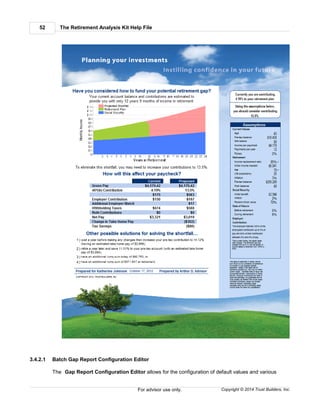 The Retirement Analysis Kit Help File52
Copyright © 2014 Trust Builders, Inc.For advisor use only.
3.4.2.1 Batch Gap Report Configuration Editor
The Gap Report Configuration Editor allows for the configuration of default values and various
 
