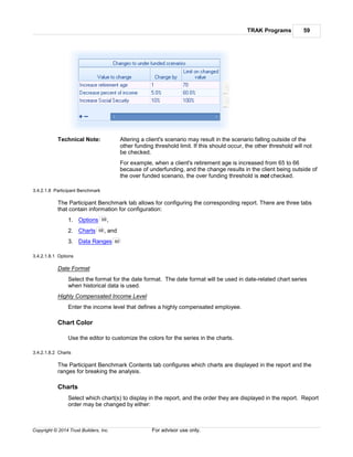 TRAK Programs 59
Copyright © 2014 Trust Builders, Inc. For advisor use only.
Technical Note: Altering a client's scenario may result in the scenario falling outside of the
other funding threshold limit. If this should occur, the other threshold will not
be checked.
For example, when a client's retirement age is increased from 65 to 66
because of underfunding, and the change results in the client being outside of
the over funded scenario, the over funding threshold is not checked.
3.4.2.1.8 Participant Benchmark
The Participant Benchmark tab allows for configuring the corresponding report. There are three tabs
that contain information for configuration:
1. Options ,
2. Charts , and
3. Data Ranges
3.4.2.1.8.1 Options
Date Format
Select the format for the date format. The date format will be used in date-related chart series
when historical data is used.
Highly Compensated Income Level
Enter the income level that defines a highly compensated employee.
Chart Color
Use the editor to customize the colors for the series in the charts.
3.4.2.1.8.2 Charts
The Participant Benchmark Contents tab configures which charts are displayed in the report and the
ranges for breaking the analysis.
Charts
Select which chart(s) to display in the report, and the order they are displayed in the report. Report
order may be changed by either:
59
59
60
 