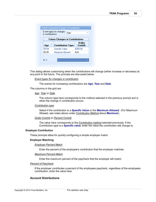 TRAK Programs 93
Copyright © 2014 Trust Builders, Inc. For advisor use only.
This dialog allows customizing when the contributions will change (either increase or decrease) at
any point in the future. The prompts are discussed below.
Event types for changes in contribution
The events for increasing contributions are Age, Year and Date.
The columns in the grid are:
Age, Year or Date
The column type here corresponds to the method selected in the previous prompt and is
when the change in contribution occurs.
Contribution type
Select if the contribution is a Specific Value or the Maximum Allowed. (For Maximum
Allowed, see notes above under Contribution Method about Maximum).
Dollar Contrib or Percent Contrib
The value here corresponds to the Contribution method selected previously. If the
Contribution type is a Specific value, enter the value the contribution will change to.
Employer Contribution
These prompts allow for quickly configuring a simple employer match.
Employer Matching
Employer Percent Match
Enter the percent of the employee's contribution that the employer matches.
Maximum Percent Match
Enter the maximum percent of the paycheck that the employer will match.
Percent of Paycheck
If the employer contributes a percent of the employees paycheck, regardless of the employees
contribution, enter the value here.
Account Distributions
 