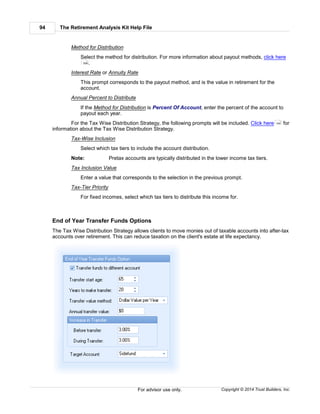 The Retirement Analysis Kit Help File94
Copyright © 2014 Trust Builders, Inc.For advisor use only.
Method for Distribution
Select the method for distribution. For more information about payout methods, click here
.
Interest Rate or Annuity Rate
This prompt corresponds to the payout method, and is the value in retirement for the
account.
Annual Percent to Distribute
If the Method for Distribution is Percent Of Account, enter the percent of the account to
payout each year.
For the Tax Wise Distribution Strategy, the following prompts will be included. Click here for
information about the Tax Wise Distribution Strategy.
Tax-Wise Inclusion
Select which tax tiers to include the account distribution.
Note: Pretax accounts are typically distributed in the lower income tax tiers.
Tax Inclusion Value
Enter a value that corresponds to the selection in the previous prompt.
Tax-Tier Priority
For fixed incomes, select which tax tiers to distribute this income for.
End of Year Transfer Funds Options
The Tax Wise Distribution Strategy allows clients to move monies out of taxable accounts into after-tax
accounts over retirement. This can reduce taxation on the client's estate at life expectancy.
306
164
 