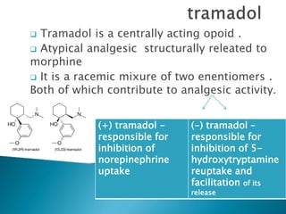 Tramadol is a centrally acting opoid .
 Atypical analgesic structurally releated to
morphine
 It is a racemic mixure of two enentiomers .
Both of which contribute to analgesic activity.
(+) tramadol -
responsible for
inhibition of
norepinephrine
uptake
(-) tramadol –
responsible for
inhibition of 5-
hydroxytryptamine
reuptake and
facilitation of its
release
 