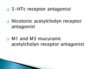  5-HTc receptor antagonist
 Nicotonic acetylcholyn receptor
antagonist
 M1 and M3 mucuranic
acetylcholyn receptor antagonist
 