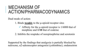 MECHANISM OF
ACTION/PHARMACODYNAMICS
Dual mode of action:
1. Binds weakly to the μ-opioid receptor sites
 Affinity for the μ-opioid receptor is 1/6000 that of
morphine and 1/10 that of codeine
2. Inhibits the reuptake of norepinephrine and serotonin
Supported by the findings that analgesia is partially blocked by
naloxone, α2-adrenoceptor antagonist (yohimbine), ondansetron
 