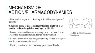 MECHANISM OF
ACTION/PHARMACODYNAMICS
 Tramadol is a synthetic 4-phenyl-piperidine analogue of
codeine
Chemical name is cis-2-[(dimethylamino)methyl]-1-(3-
methoxyphenyl) cyclohexanol hydrochloride
 Parent compound is a racemic drug, and both its (+) and
(−) forms play an important role in its mechanism
 The (+) enantiomer has a higher affinity for the μ-receptor
and increases serotonin levels
 The (−) enantiomer increases norepinephrine levels
(1R,2R)- & (1S,2S)-Tramadol
Enantiomers
 