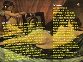 III atto Alcmena minaccia di andarsene, mentre sopraggiunge Giove, desideroso di passare altro tempo con lei, a scusarsi per il trattamento che Anfitrione le ha rivolto poco prima riuscendo a convincerla a rientrare in casa. Arriva anche Sosia a constatare che la pace è fatta tra moglie e marito. Anfitrione, che non è riuscito a trovare Naucrate, torna a palazzo, ma viene malamente accolto da Mercurio/Sosia che finge di non riconoscerlo e lo accusa di essere un impostore: il vero Anfitrione, in quel momento, sarebbe in casa con Alcmena e qui il testo si interrompe. IV atto Dai frammenti tramandatici dai grammatici si deduce comunque l'andamento della vicenda: l'alterco Anfitrione trova il suo pilota Blefarone e lo usa come testimone della sua assenza da casa. Giove e Anfitrione si incontrano e vengono alle mani, Blefarone sbaglia nel riconoscere chi sia il vero Anfitrione. A questo punto si interrompe la lacuna e riprende il testo: Blefarone parte lasciando uno scoraggiato Anfitrione. Giove rientra in casa: Alcmena sta partorendo. 