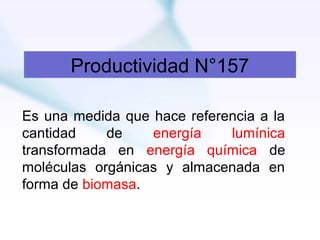 Productividad N°157
Es una medida que hace referencia a la
cantidad de energía lumínica
transformada en energía química de
moléculas orgánicas y almacenada en
forma de biomasa.
 