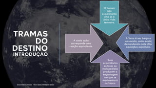 TRAMAS
DO
DESTINO
INTRODUÇÃO
NOS BASTIDORES DA OBSESSÃO - PROJETO MANOEL PHILOMENO DE MIRANDA
O homem
não
experimenta
uma só e
única vida
terrestre.
A Terra é seu berço e
sua escola, onde evolui,
demandando mais altas
aquisições espirituais.
Suas
experiências
exitosas ou
malsucedidas
produzem a
engrenagem
em que se
movimentará
no futuro.
A cada ação
corresponde uma
reação equivalente.
 
