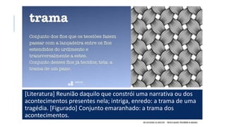 [Literatura] Reunião daquilo que constrói uma narrativa ou dos
acontecimentos presentes nela; intriga, enredo: a trama de uma
tragédia. [Figurado] Conjunto emaranhado: a trama dos
acontecimentos.
NOS BASTIDORES DA OBSESSÃO - PROJETO MANOEL PHILOMENO DE MIRANDA
 