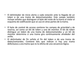 • El delimitador de inicio alerta a cada estación ante la llegada de un
  token o de una trama de datos/comandos. Este campo también
  incluye señales que distinguen al byte del resto de la trama al violar el
  esquema de codificación que se usa en otras partes de la trama.

• El byte de control de acceso contiene los campos de prioridad y de
  reserva, así como un bit de token y uno de monitor. El bit de token
  distingue un token de una trama de datos/comandos y un bit de
  monitor determina si una trama gira continuamente alrededor del
  anillo.
• El delimitador de fin señala el fin del token o de una trama de
  datos/comandos. Contiene bits que indican si hay una trama
  defectuosa y una trama que es la última de una secuencia lógica.
 