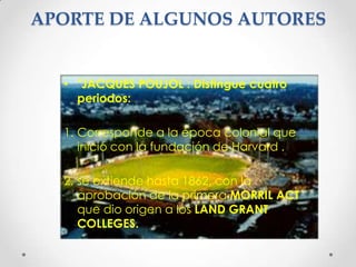 APORTE DE ALGUNOS AUTORES"JACQUES POUJOL : Distingue cuatro periodos:Corresponde a la época colonial que inició con la fundación de Harvard .se extiende hasta 1862, con la aprobación de la primera MORRIL ACT que dio origen a los LAND GRANT COLLEGES.