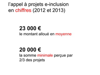 l’appel à projets e-inclusion
en chiffres (2012 et 2013)
23 000 €
le montant alloué en moyenne
20 000 €
la somme minimale perçue par
2/3 des projets
 