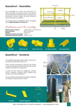 Las escaleras de seguridad se fijan a pared con
escuadras moldeadas cada 2,5 m.
Para conformar escaleras a partir de dos metros
o más, combinamos módulos de dos y tres metros
mediante empalme de largueros.
A partir de tres metros es obligatorio acoplar
arcos y pletinas (crinolina) para obtener una
escalera vertical de seguridad.
En las escaleras de seguridad se debe considerar
la medida a rasante más un metro.
Las barandillas son obras de protección en
altura, situadas en áreas de paso o circulación
de instalaciones industriales que constituyen una
protección contra el riesgo de caída fortuita al
vacío de personas y objetos.
Las normas para su instalación vienen recogidas
por la British Standard y NF E 85 101.
7
QueroStruct - Barandillas
QueroStruct - Escaleras
Montante
Rodapie
Pasamanos
Unión 4 vías
Pie
Barra intermedia
Codo
Unión 3 vías
Escuadra Empalme largueros Arco
470 mm
710 mm
Más información en nuestro manual • www.agruquero.com
Distancia entre montantes: 1.000/1.200 mm (máx.1.500 mm)
Barra intermedia: 450 mm del suelo
Rodapie: 120/150 mm
Espacio libre debajo del rodapie: 10 mm
Pasamanos/Altura del montante: 1.000/1.100 mm
Instrucciones de montaje
Curva 90º Salida tres vías Salida cuatro vías Pie (apoyo vertical) Unión pasamanos
Arco
Pletina
 