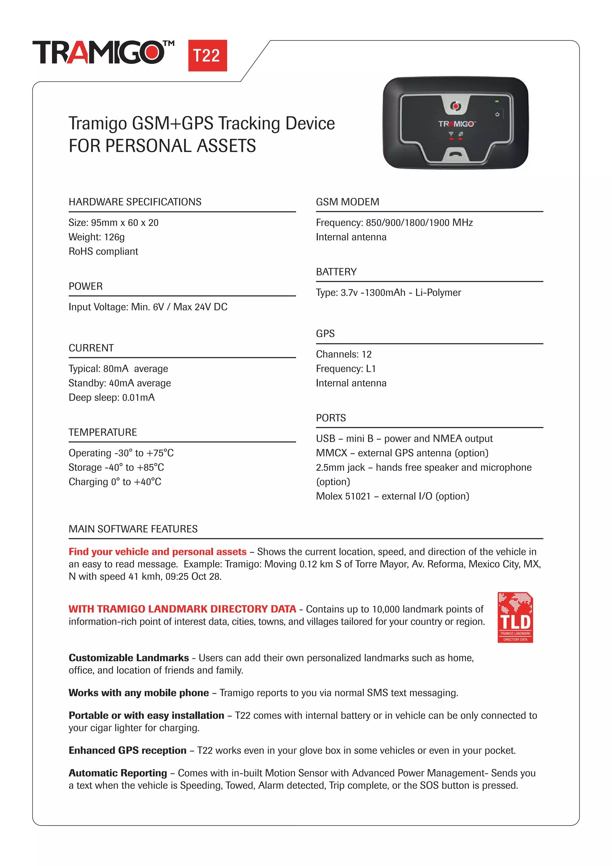 Tramigo T22 Tracking Device Technical Data | PDF