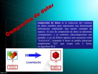 compresión de datos es la reducción del volumen
de datos tratables para representar una determinada
información empleando una menor cantidad de
espacio. Al acto de compresión de datos se denomina
«compresión», y al contrario «descompresión» por
ejemplo, si en un fichero aparece una secuencia como
"AAAAAA", ocupando 6 bytes se podría almacenar
simplemente "6A" que ocupa solo 2 bytes,
en algoritmo RLE
 
