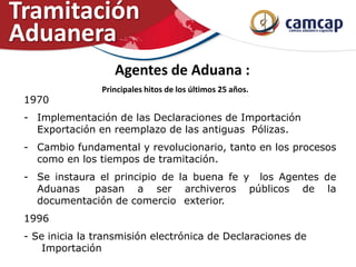 Principales hitos de los últimos 25 años.
1970
- Implementación de las Declaraciones de Importación
Exportación en reemplazo de las antiguas Pólizas.
- Cambio fundamental y revolucionario, tanto en los procesos
como en los tiempos de tramitación.
- Se instaura el principio de la buena fe y los Agentes de
Aduanas pasan a ser archiveros públicos de la
documentación de comercio exterior.
1996
- Se inicia la transmisión electrónica de Declaraciones de
Importación
Tramitación
Aduanera
Agentes de Aduana :
 