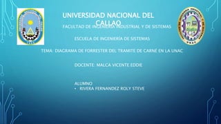 UNIVERSIDAD NACIONAL DEL
CALLAOFACULTAD DE INGENIERÍA INDUSTRIAL Y DE SISTEMAS
ESCUELA DE INGENIERÍA DE SISTEMAS
TEMA: DIAGRAMA DE FORRESTER DEL TRAMITE DE CARNÉ EN LA UNAC
DOCENTE: MALCA VICENTE EDDIE
ALUMNO
• RIVERA FERNANDEZ ROLY STEVE
 